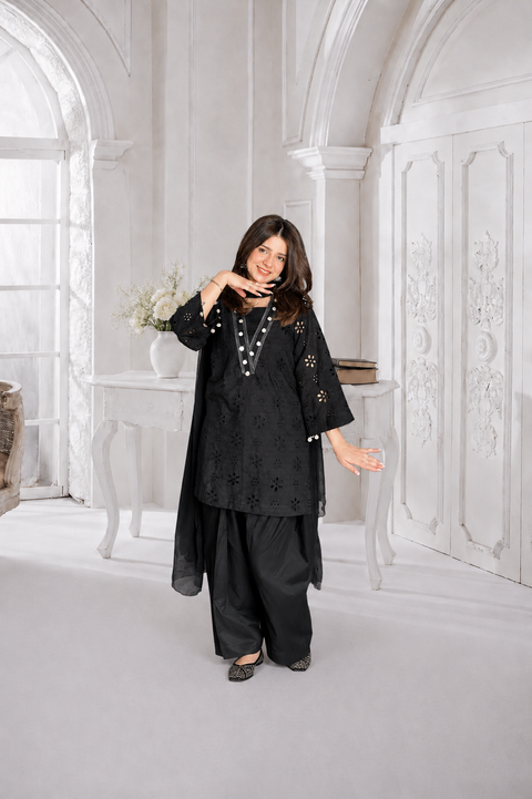 Midnight Black β Chikankari 3 Piece Suit