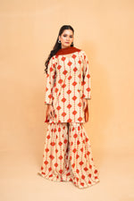 Beige Printed Lawn Suit with Gharara & Chiffon Dupatta