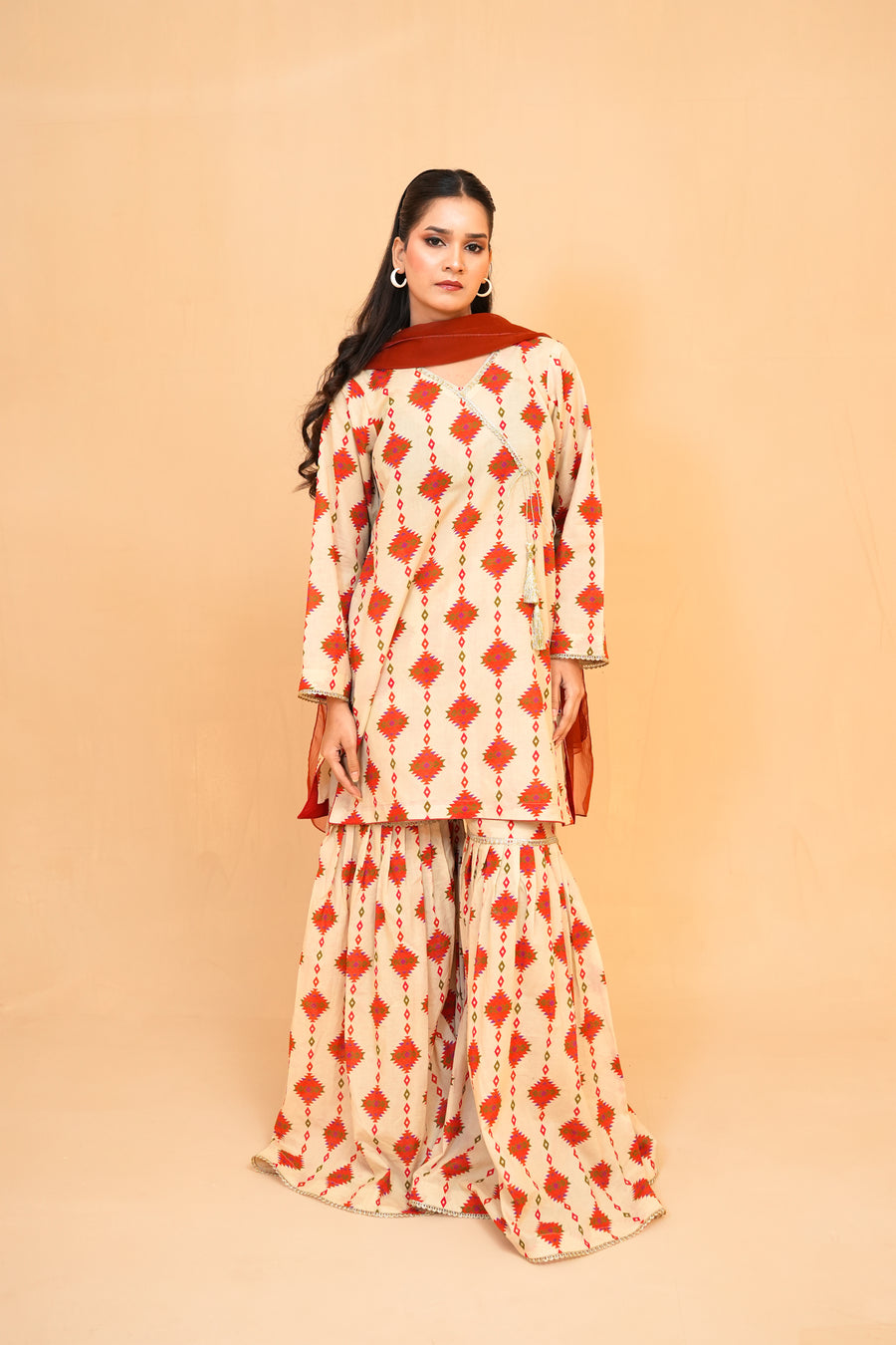 Beige Printed Lawn Suit with Gharara & Chiffon Dupatta