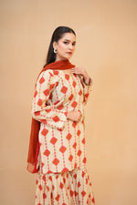 Beige Printed Lawn Suit with Gharara & Chiffon Dupatta