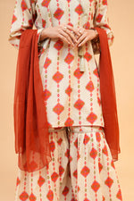 Beige Printed Lawn Suit with Gharara & Chiffon Dupatta