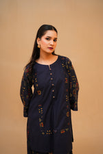 Navy Blue Printed Lawn Suit with Shocking Pink Chiffon Dupatta