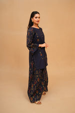Navy Blue Printed Lawn Suit with Shocking Pink Chiffon Dupatta