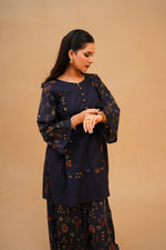 Navy Blue Printed Lawn Suit with Shocking Pink Chiffon Dupatta