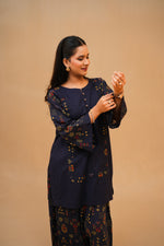 Navy Blue Printed Lawn Suit with Shocking Pink Chiffon Dupatta