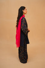 Navy Blue Printed Lawn Suit with Shocking Pink Chiffon Dupatta