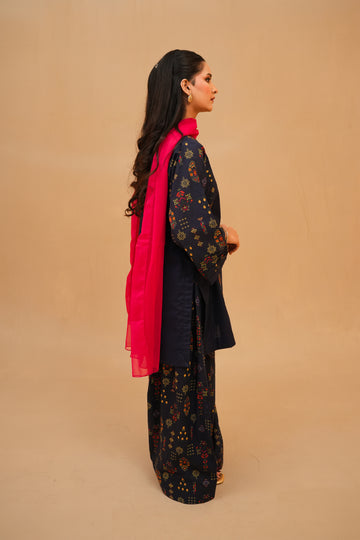 Navy Blue Printed Lawn Suit with Shocking Pink Chiffon Dupatta