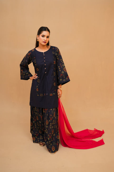 Navy Blue Printed Lawn Suit with Shocking Pink Chiffon Dupatta