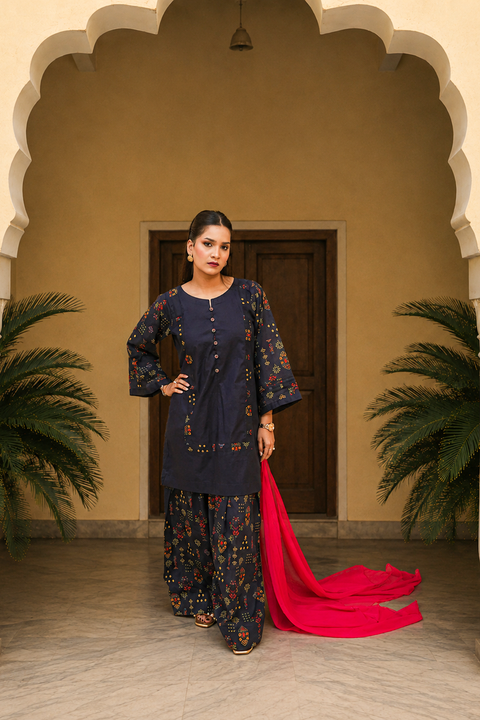 Navy Blue Printed Lawn Suit with Shocking Pink Chiffon Dupatta
