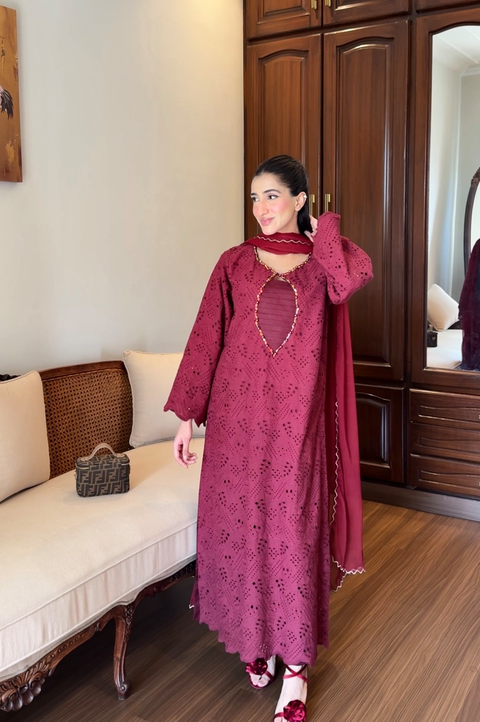 Maroon Cutwork Chikankaari Grace 3-Piece Suit