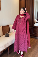 Maroon Cutwork Chikankaari Grace 3-Piece Suit
