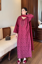 Maroon Cutwork Chikankaari Grace 3-Piece Suit