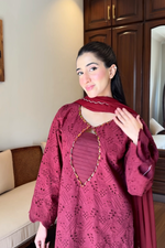 Maroon Cutwork Chikankaari Grace 3-Piece Suit