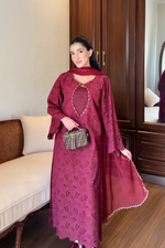Maroon Cutwork Chikankaari Grace 3-Piece Suit