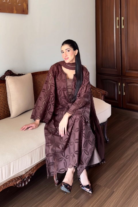 Mocha Dusk Chikankaari Grace 3-Piece Suit